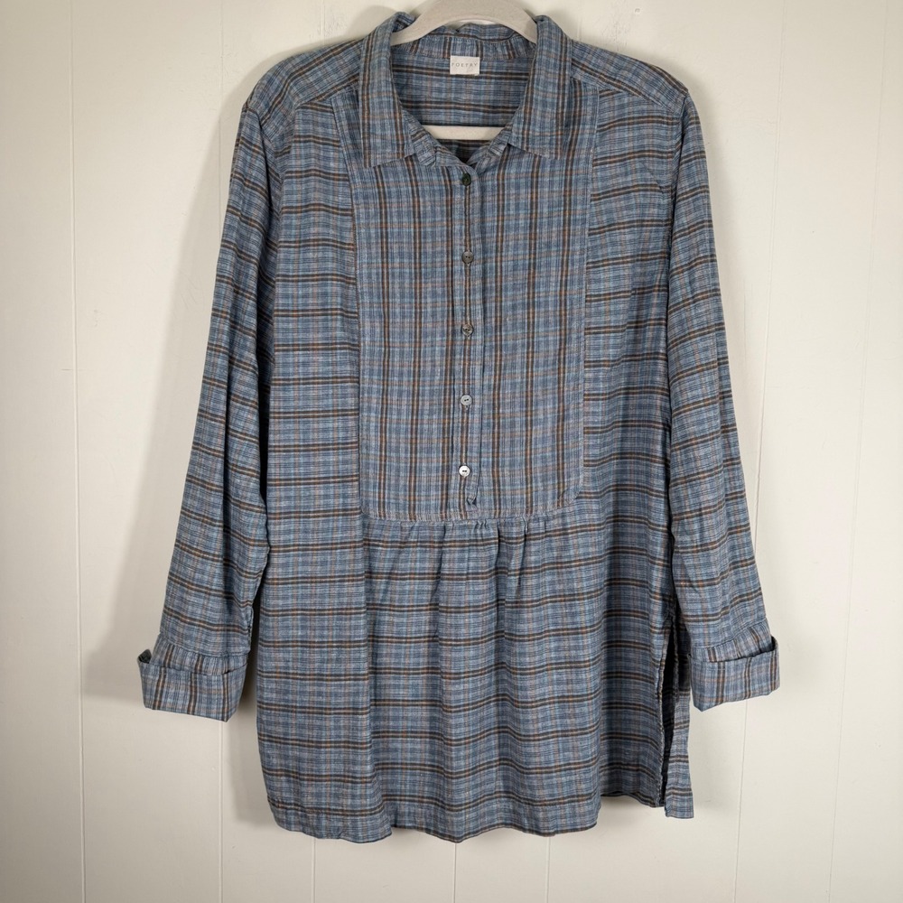 Poetry Blue Plaid Hemp Organic Cotton Tunic Top US 14 Long Sleeve Cottagecore